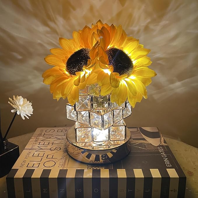 Sunflowers Lamp Touch Lam Artificial LED Sunflower Flowers with Glass Vase Table Lamp Night Light for Home Office Decor House Decorations Gift Idea - Rechargeable (Crystal Magic Cube Sunflower)