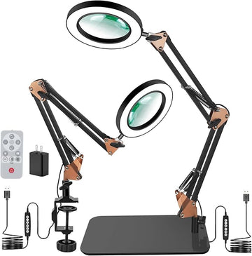 Magnifying Glass with Light, 5 Color Modes Stepless Dimmable 2-in-1 Desktop Lamp and Clamp, LED Lighted Magnifier with Light and Stand, Hands Free for Craft Repair Hobby Painting Close Work