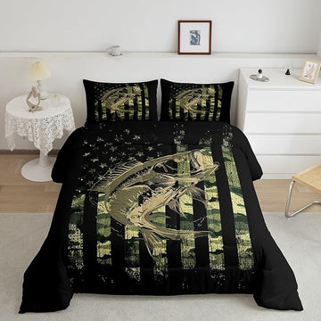 Bass Fish Camouflage Comforter Set King Pike Fish Camo Bedding Set for Women Men Room Kids Farmhouse Fishing Decor Comforter Fishman Wild Quilt Set Down Comforter Green Black King Size