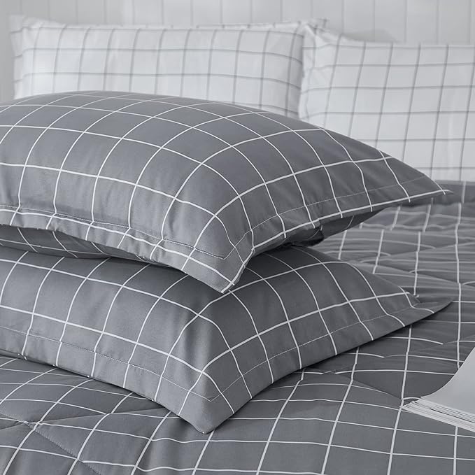 Andency Grey Grid Comforter Set Full Size (79x90 inch), 3 Pieces (1 Grey Comforter and 2 Pillowcases), Summer Lightweight Microfiber Down Alternative Bedding Comforter Sets with White Lines