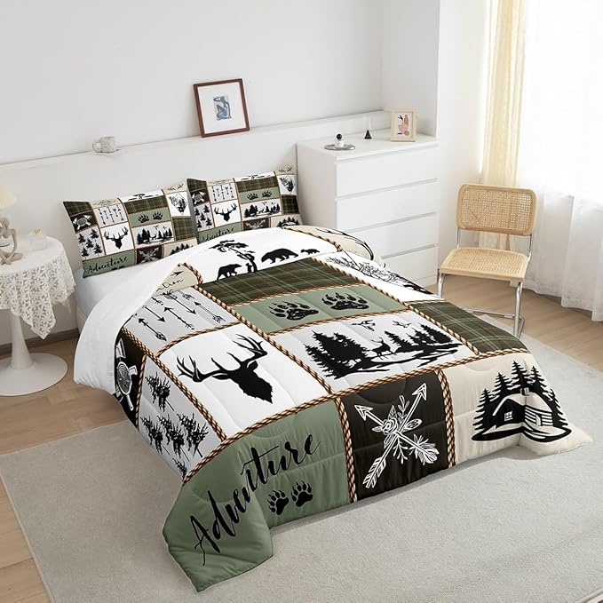 Rustic Farmhouse Kids Comforter Set King Size,Deer Antlers Bear Paws Plaids Patchwork Bedding Set for Boys Girls Adults Room Decor,Pine Trees Arrows Down Comforter,Retro Duvet Insert,2 Pillowcases