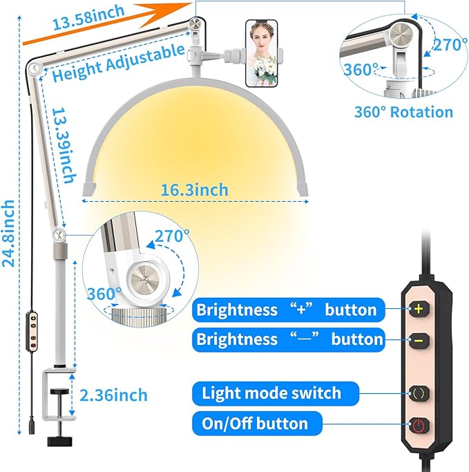 Half Moon Light Lamp for Lashes, Upgraded Stable Stand, Lash Lamp for Eyelash Extensions, Esthetician Light Eyelash Lamp with Phone Holder for Tattoo Artists, Nail Tech, Makeup,Skincare
