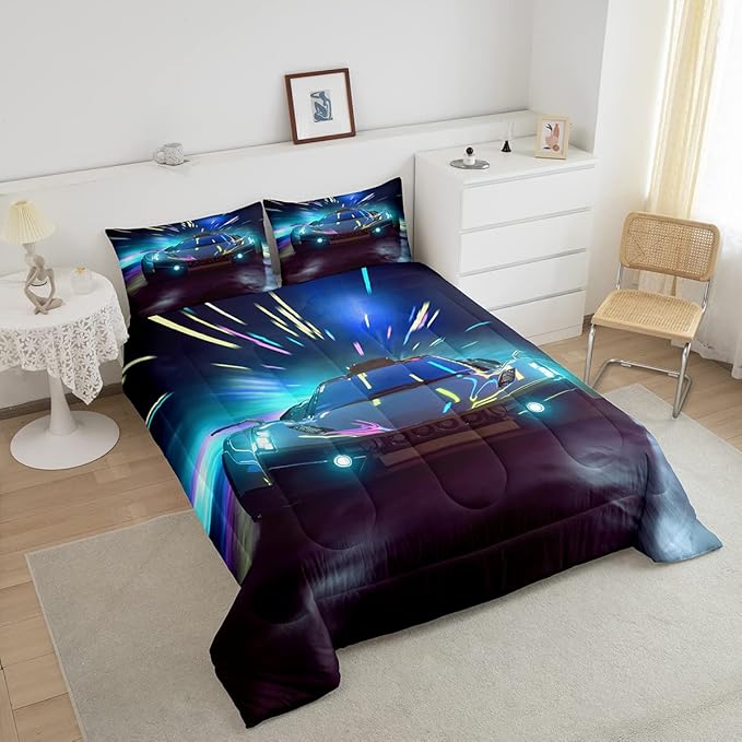 Erosebridal Racing Car Comforter Set Twin Size Racing Game Duvet Set Speed Car Quilt Set Extreme Sports Bedding Set for Kids Boys Teens Young Man Adult Gifts Kids Car Theme Room Decorative