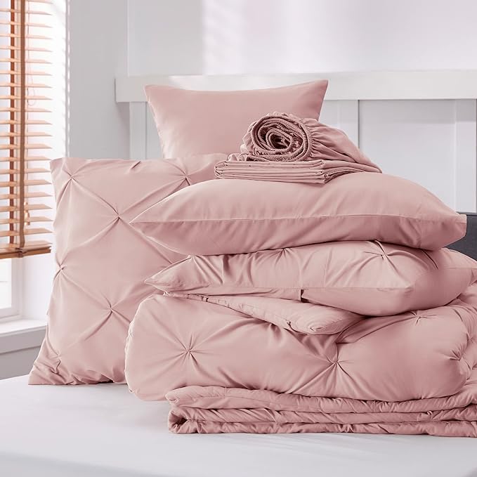 Bedsure King Size Comforter Set - Bedding Set King 7 Pieces, Pintuck Bed in a Bag Pink Bed Set with Comforter, Sheets, Pillowcases & Shams