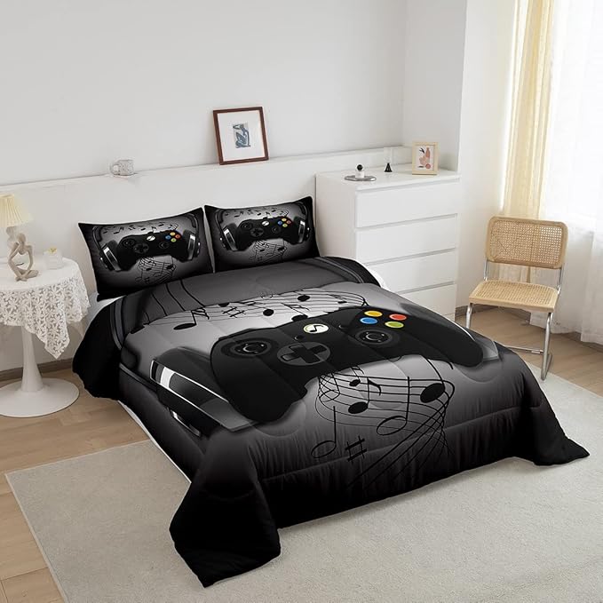 Gamer Comforter Set Queen Size,Black Grey Headphones Musical Design Games Gamepad Bedding Set for Kids Boys Video Game Room Decor Retro Playing Gamer Down Comforter Gaming Controller Quilted Duvet Set