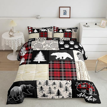 Bear Comforter Set Full Size,Pine Trees Animals Hunting Bedding Set for Kids Boys Girls Adults Room Decor,Camping Adventure Rustic Farmhouse Down Comforter,Red Plaids Duvet Insert,2 Pillowcases
