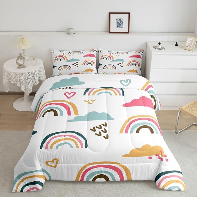 Rainbow Bedding Twin for Girls,Cartoon Rainbow Comforter Sets for Toddler,Cute Rainbow Cloud Doodle Duvet Insert Kids Gift,Kawaii Colorful Down Comforter Warm with 1 Pillowcase Bedroom Decor