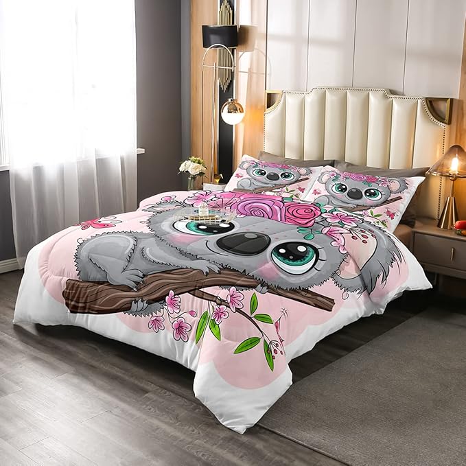 Erosebridal Cartoon Koala Comforter Set Twin Size, Cute Koala Bedding Set, Cherry Blossom Rose Quilted Duvet for Kids Baby Toddler, Nursery Quilt Set, Butterfly Branch Leaves Duvet Set