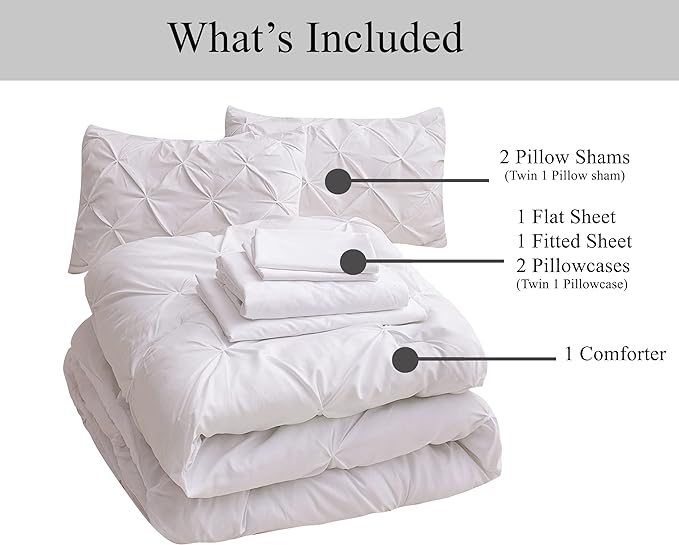 LANE LINEN White Bed Comforter Set King Size, 7 Piece White Bed in a Bag King Size Set, Soft King Bedding Sets, Pintuck King Size Bed Set, King Size Bed Comforter Set with Sheets, Pillowcases & Shams