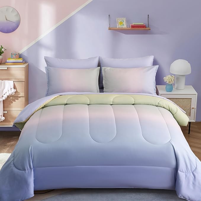 Dinjoy Girls Comforter Set Queen Size Colorful Rainbow Ombre Pink Purple Green Yellow Bedding Set Gradient 7 Pieces Bed in A Bag for Kids Teen Girl Women(1 Comforter, 1 Flat Sheet, 1 Fitted Sheet)