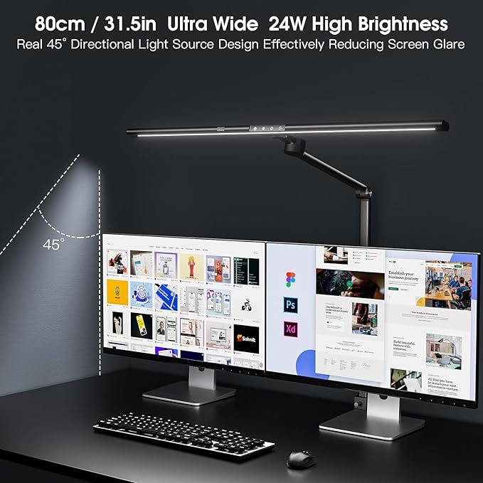 Desk Lamp for Office Home, Desk Light with Clamp, 24W Ultra Bright with Gesture Sensing, Adjustable Brightness & Color Temperature, Monitor Light, Task Light, Table Lamp for Work Study,Black