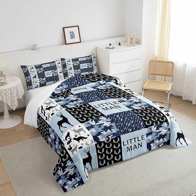 Manfei Camo Deer Antlers Comforter Set Full, Geometric Checks Patchwork Bedding 3pcs for Room Decor, Boho Arrow Animals Quilt Set, Blue Xmas Duvet Insert with 2 Pillowcases (WWS10844GYY-BZ_USf)