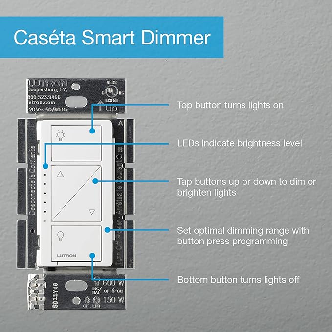 Lutron Caseta Original Smart Dimmer Switch Starter Kit, with Pico Remote, Wall Plate, and Smart Hub, Works with Alexa, Apple Home, and Google Home, 3 Way, 150W, No Neutral Req, P-BDG-PKG1W
