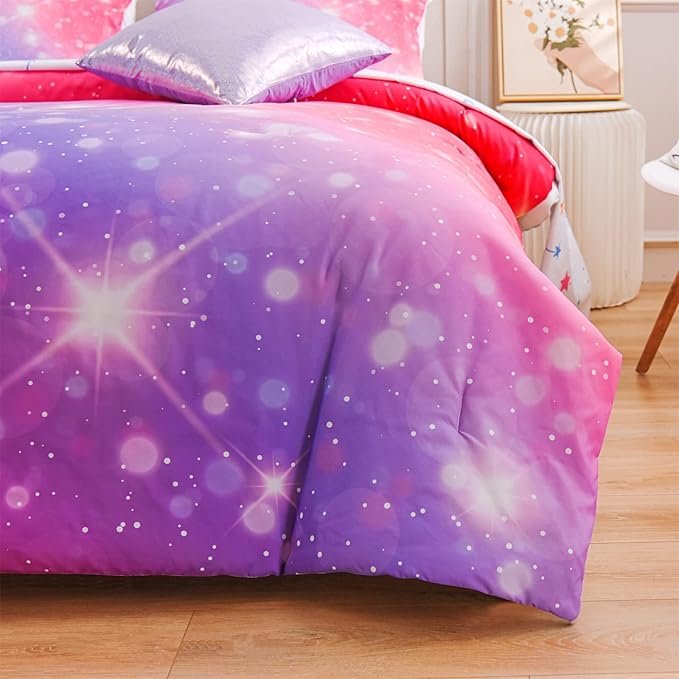 A Nice Night 6Pcs Gradient Glitter Bedding Set for Girls, Colorful Rainbow Galaxy Comforter Set, Ultra Soft Bedding Sets (Pink-Purple,Full 6Pcs)