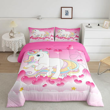 Girls Unicorn Comforter Set Full Girly Fantasy Rainbow Unicorn Bedding Set for Kids Little Girls, Pink Love Heart Duvet Sets Dreamy Horse Cartoon Magical Animal Down Comforter with 2 Pillowcases
