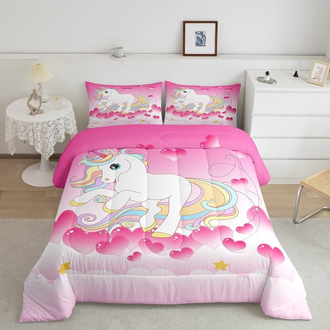 Girls Unicorn Comforter Set Full Girly Fantasy Rainbow Unicorn Bedding Set for Kids Little Girls, Pink Love Heart Duvet Sets Dreamy Horse Cartoon Magical Animal Down Comforter with 2 Pillowcases
