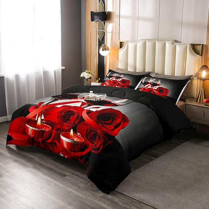 Erosebridal Rose Wine Glass Comforter Set for Girls Red Black Rose Bedding Set Twin Size Floral Blossom Quilt Set Banquet Flower Romantic Valentine's Day Duvet Set, Women Men Adult Grey Comforter Set
