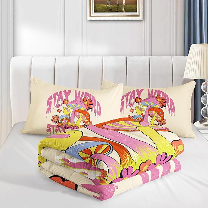 Axolotl Cartoon Mushroom Comforter Set Queen,Colorful Mushrooms Bedding Girls Bedding Set,Floral Comforter Set Red Pink Flower,Cute Mushroom Bedding Set For Kids Boys Girls Teens,1 Quilt 2 Pillowcases