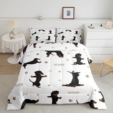 Feelyou Sausage Dog Bedding Set Boys Dachshund Comforter Set for Kids Teens Ultra Soft Puppy Dog Comforter Kawaii Pet Brown Duvet Set Room Decor Queen Size Quilt Set