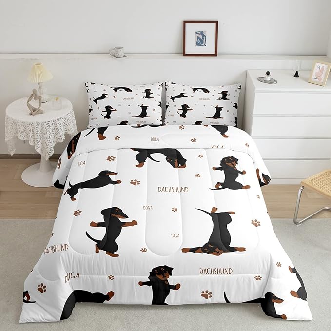 Feelyou Sausage Dog Bedding Set Boys Dachshund Comforter Set for Kids Teens Ultra Soft Puppy Dog Comforter Kawaii Pet Brown Duvet Set Room Decor Queen Size Quilt Set
