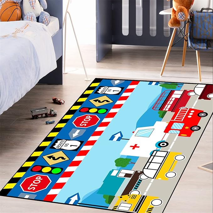 Cartoon Ambulance Car Area Rug Car Carpet for Kids Play Rug for Cars and Trucks Car Rug Play Mat Car Track Rug Truck Rugs for Boys Room Rugs for Boys Bedroom,Light Blue 4'×5'