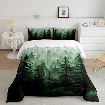 Feelyou Fog Forest Comforter Botanical Pine Trees Comforter Set for Boys Girls Children Watercolor Style Green Comforter Set Room Decor Queen Size Duvet Set 3Pcs