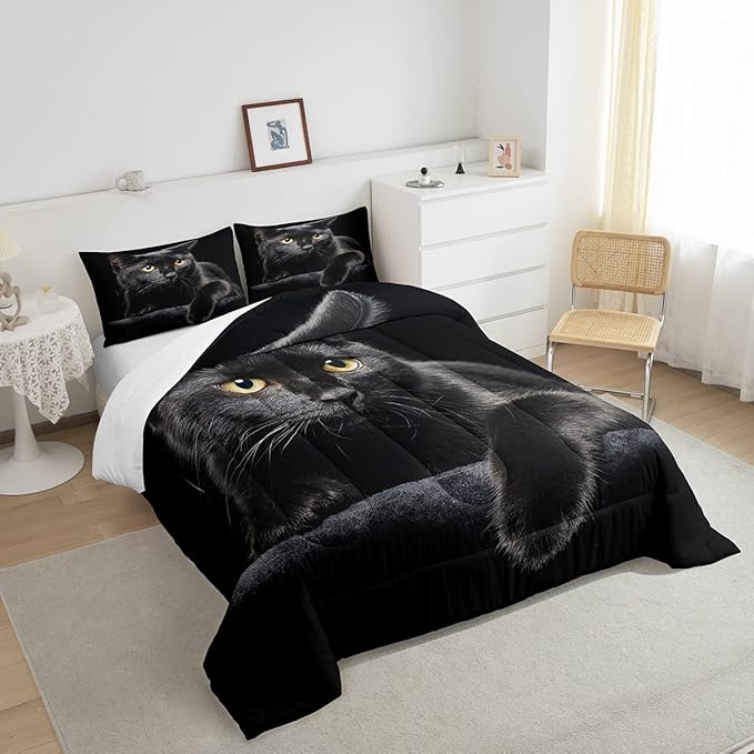 Erosebridal Black Cat Bedding Set Queen Size 3D Cat Comforter Set for Kids Girls Boys Cat Lover Cute Farmhouse Domestic Pet Animal Down Comforter Cute Cat Quilt Set Soft Warm Duvet Set Bedroom Decor
