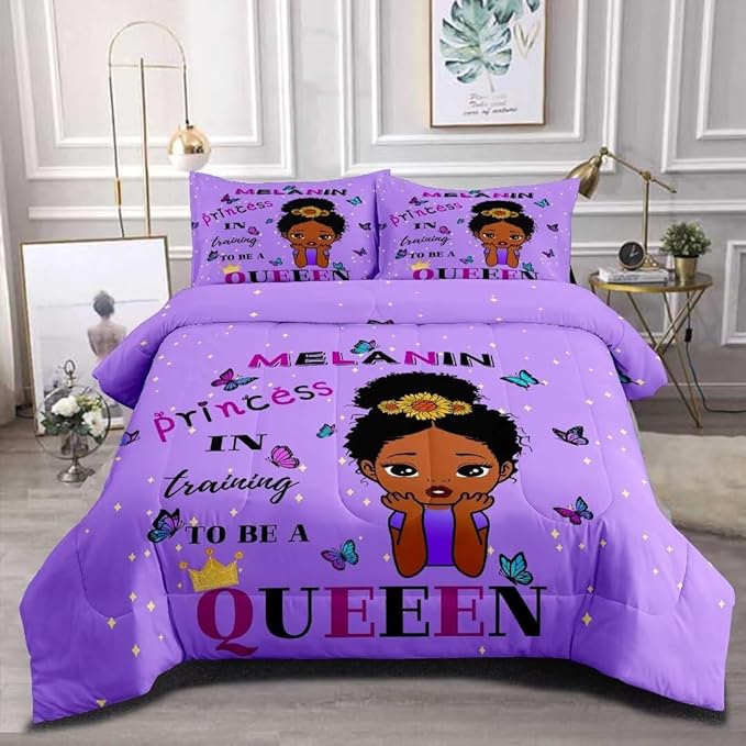 Black Girl Comforter Set Queen for Kids,Black Girl Magic Bedding Set,African American Girl Inspirational Quotes Comforter Set,Black Princess Bed Bedroom Set