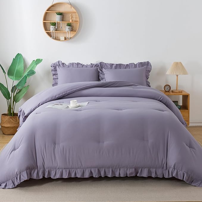 Andency Purple Twin Size Comforter(66x90Inch), 2 Pieces(1 Ruffle Comforter and 1 Pillowcase) Solid Farmhouse Shabby Chic Comforter, Lighteweight and Soft Microfiber Bedding Set