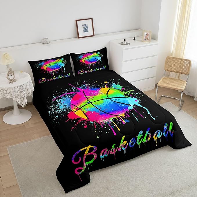 Feelyou Kids Basketball Comforter Set Queen Size Gaming Sports Bedding Set for Boys Girls Teens Bedroom Decor Ball Games Tie Dye Comforter Gift for Basketball Lover Duvet Set with 2 Pillow Case