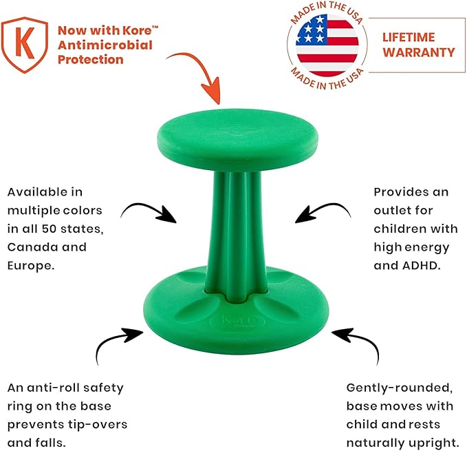 Kore Kids Junior Wobble Chair - Flexible Seating Stool for Classroom, Elementary School, ADD/ADHD - Made in The USA - Junior- Age 8-9, Grade 3-4, Green (16in)