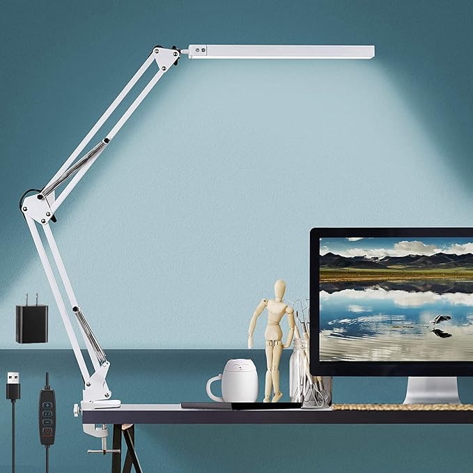 LED Desk Lamps for Home Office, 3 Color Modes Architect Swing Arm Lamp Desk Light with Clamp, Dimmable Eye-Care Table Light, Memory Function, Task, Study, Reading, Work, Craft, Sewing, Drafting, 10W