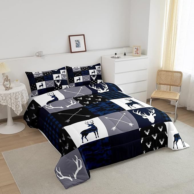 Manfei Camo Deer Antlers Comforter Set Queen, Geometric Plaid Patchwork Bedding 3pcs for Room Decor, Boho Arrow Xmas Quilt Set, Blue Grey Duvet Insert with 2 Pillowcases (WWS10843GYY-BZ_USq)