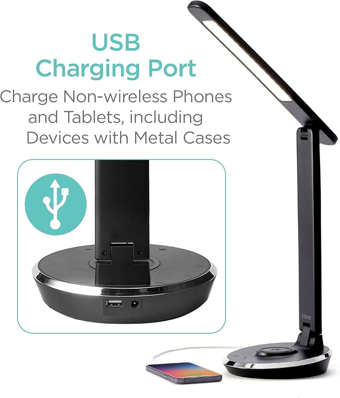 iHome Desk Lamp with Charging Station, Reading Light with Wireless Charging and USB Charging – Black (ILW200B)