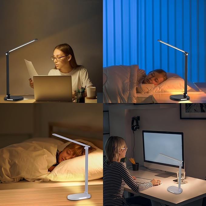LED Desk Lamp for Home Office, Dimmable Table Lamp with USB Charging Port, 5 Lighting Modes, Sensitive Control, 60 Minutes Auto-Off Timer, Eye-Caring Office Lamp(White)
