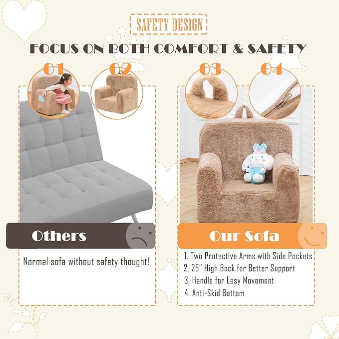 Snuggly-Soft Cuddly Toddler Plush Armchair for Boys and Girls Fuzzy Plush Kids Sofa Couch Reading Chair with Children Friendly Handle for Easy Movement & Double Pockets for Good Storage, Camel