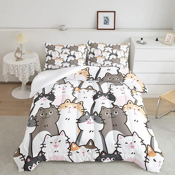 CVHOUSE Cat Bedding,Cartoon Cat Comforter Full,Animals Print Comforter Set for Kids,Kawaii Quilt Set with 1 Comforter and 2 Pillow Cases