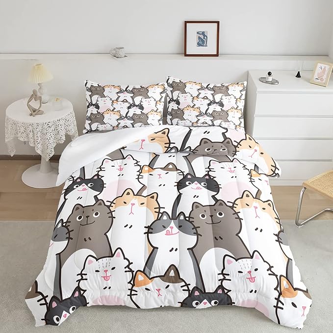 CVHOUSE Cat Bedding,Cartoon Cat Comforter King,Animals Print Comforter Set for Kids,Kawaii Quilt Set with 1 Comforter and 2 Pillow Cases