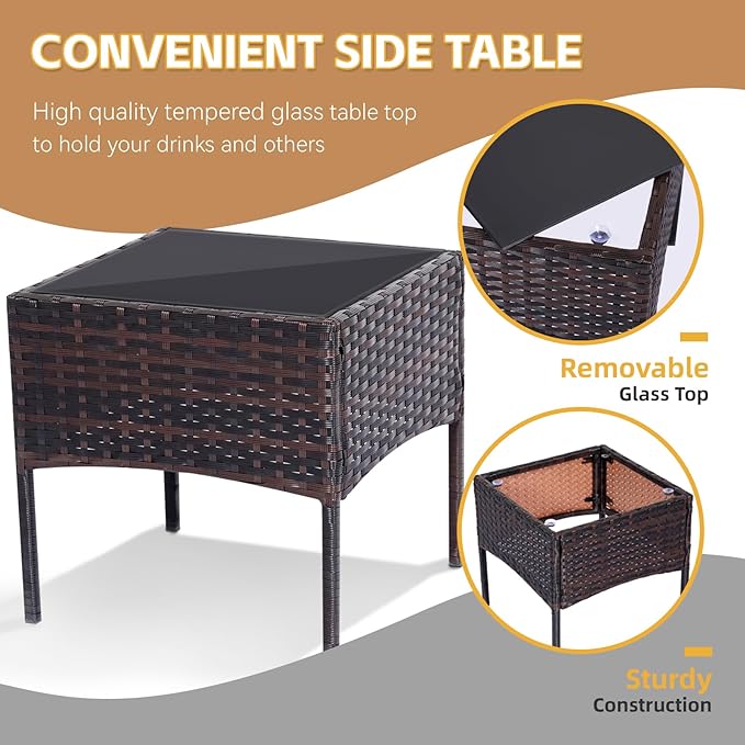 Patio Furniture Set 3 Pieces All-Weather Rattan Outdoor Furniture Patio Chairs with Tempered Glass Table for Porch Bistro Balcony Bistro Set(Brown/Beige-2)