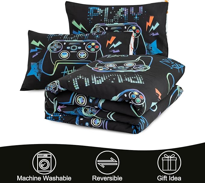 Meeting Story Gamer Gaming Bedding Sets Fluorescence Gamepad Comforter Set for Boys Games Console Action Buttons Novelty Colorful Modern Room Decor Home Quilt Set (Black, Queen)