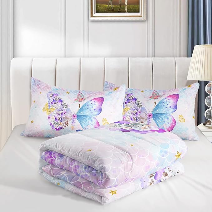 Axolotl Butterfly Bedding Twin,Rainbow Butterfly Comforter Set for Girls Teens,Butterfly Bedding for Girls with Golden Star Scales Pattern,Butterfly Printed Quilt Set with 1 Comforter 2 Pillowcases
