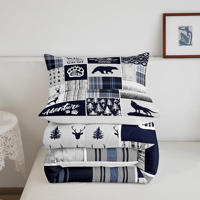 Manfei Deer Bear Kids Comforter Set Full Size,Wolf Hunting Adventure Rustic Bedding Set for Boys Girls Adults Room Decor,Geometric Plaids Patchwork Down Comforter,Blue Xmas Duvet Insert,2 Pillowcases