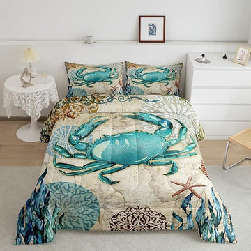 Sea Beach Theme Comforter Set Kids Beach Crabs Print King Bedding 3D Sea Animal Crab Luxury Microfiber Quilted Duvet Set with 2 Pillowcases,Soft Lightweight Marine Life Decorative Bedding Soft Fluffy