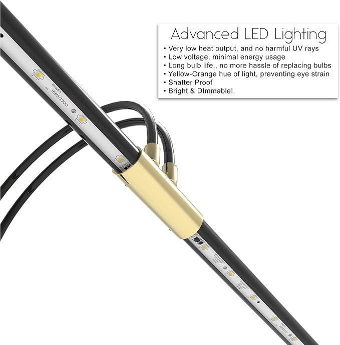 Cocoweb 22" Grand Piano Lamp, LED, Adjustable, Quality Lighting in Black with Brass Accents, with Rechargeable Battery Pack - GPLEDV-22D-BP4