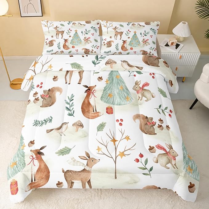 Wild Animal Comforter Queen Size,Rabbit Deer Comforter Set for Kids Teens Girls Boys,3Pcs Bedding Set Printed Comforter with 2 Pillowcases,Down Alternative,Soft and Lightweight，Queen Size