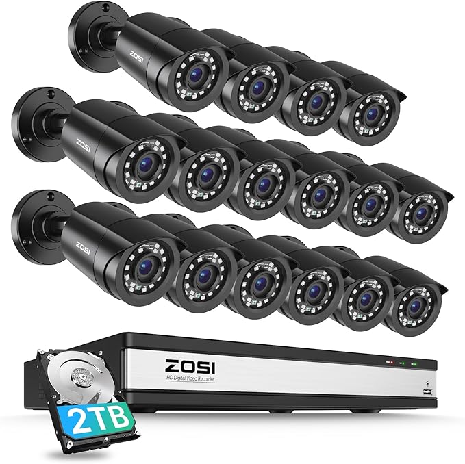 ZOSI 3K Lite 16Channel Security Camera System,AI Human/Vehicle Detection,Night Vision,Remote Access,16pcs 1080P Outdoor Surveillance Bullet Cam,H.265+ 1080p 16CH DVR with 2TB HDD for 24/7 Recording
