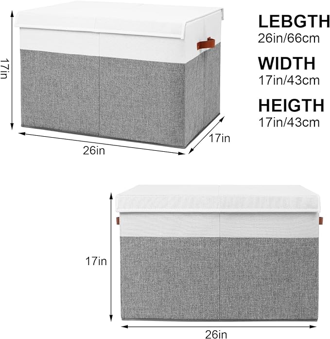 Large Toy Storage Box with Lid, Sturdy Toys Storage Chest Bin Organizer Basket with Dividers for Kids, Boys, Girls, Nursery, Closet, Bedroom, Playroom 26"x17" x17" (Grey and White)