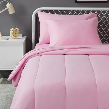 Amazon Basics 5 Piece Microfiber Kid's Bed-in-a-Bag Bedding Set, Twin, Pink, Solid