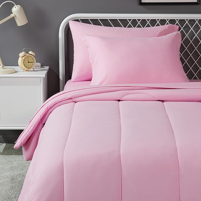 Amazon Basics 5 Piece Microfiber Kid's Bed-in-a-Bag Bedding Set, Twin, Pink, Solid