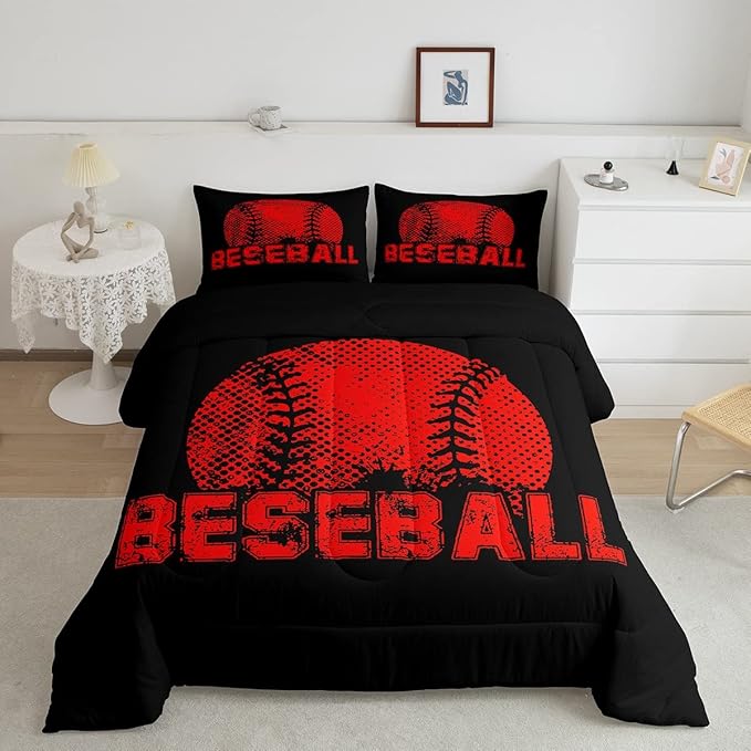 Erosebridal Kids Baseball Full Size Bedding Set Red Black Sports Comforter Set for Boys Girls Teen,Reversible Black Quilt Comforter Soft Lightweight for All Season,1 Comforter and 2 Pillow Cases